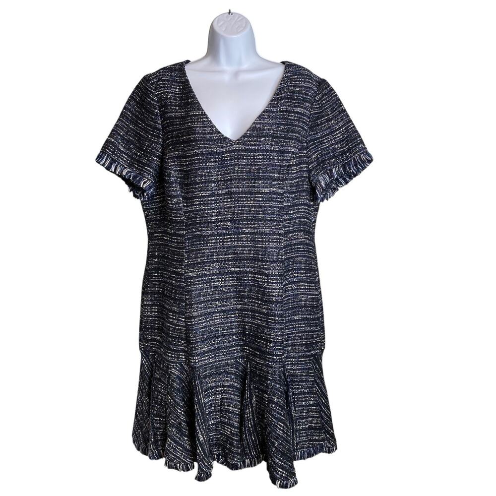 Eliza J Women's Navy Blue Tweed Fringed Dress Size 16 Old Money Boho Academia